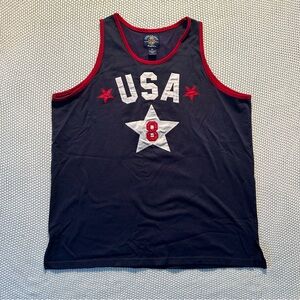 Vintage Y2K Steve & Barry's Embroidered USA #8 Blue Tank Top with Red Trim